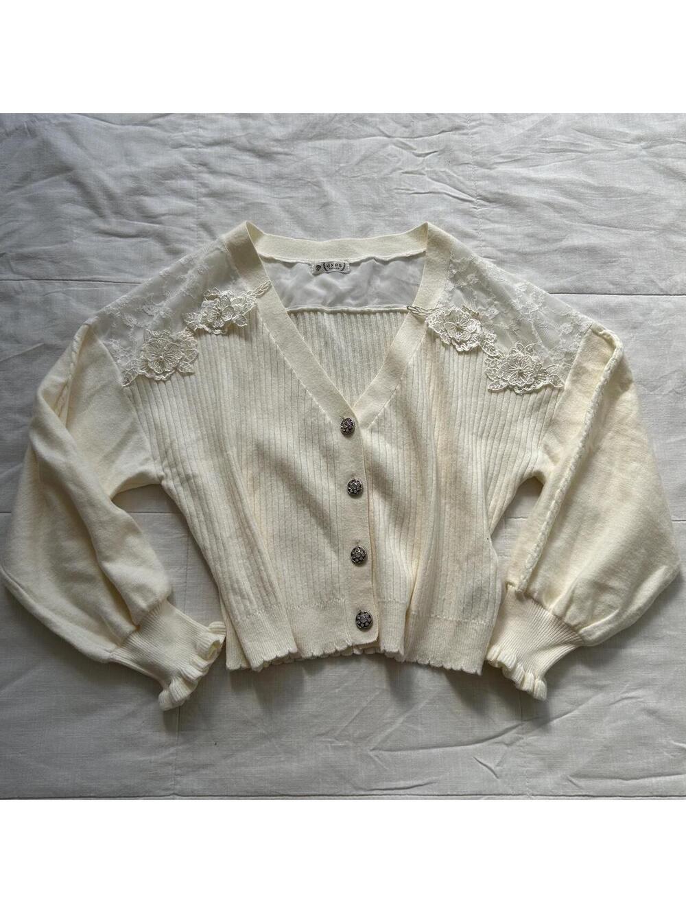 Axes Femme Cream Lace Floral Appliqué Knit Cardigan M Japan